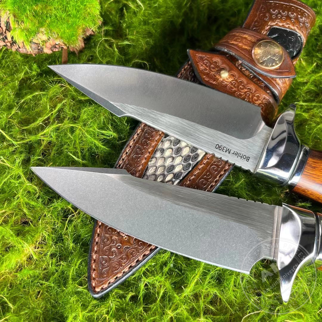Premium M390 Steel Blade Bowie Knife Fixed Blade Tactical Knife Desert Ironwood with Sheath - AK-HT0644