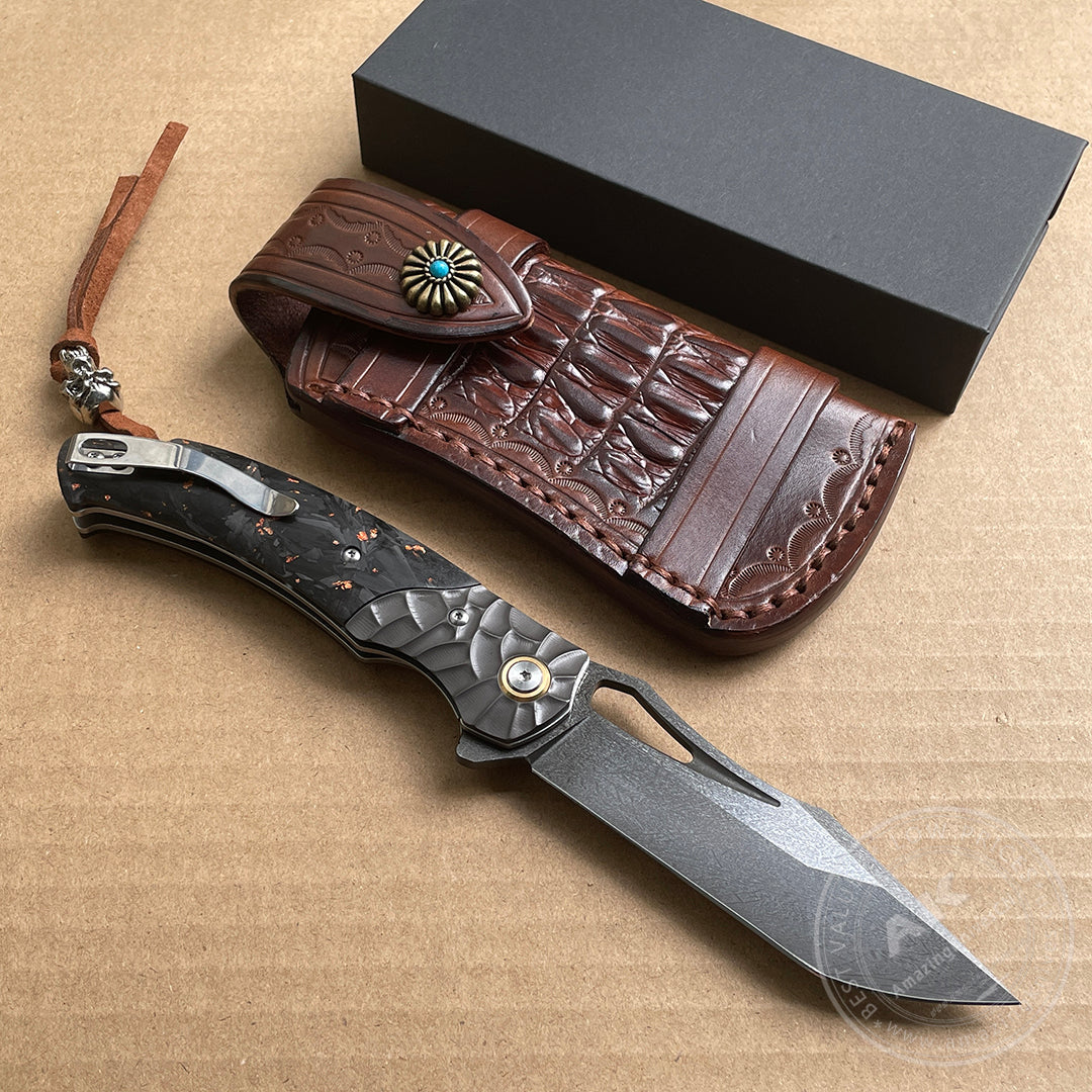 Wootz Steel Folding Pocket Knife Tactical Flipper Carbon Fiber Ball Bearing - AK-HT0827