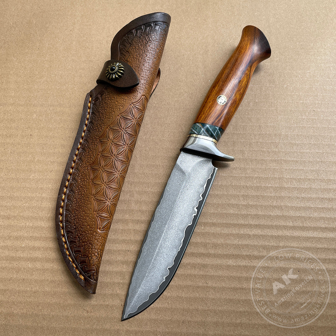 Rare Handforged Damascus Steel Ironwood Straight Hunting Outdoor Knife with Sheath- AK-HT0652