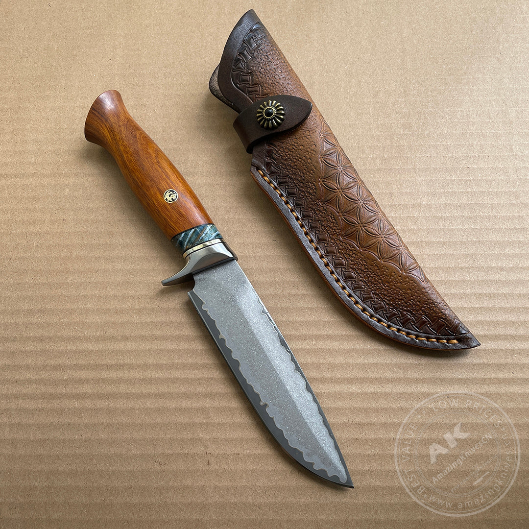 Rare Handforged Damascus Steel Ironwood Straight Hunting Outdoor Knife with Sheath- AK-HT0652