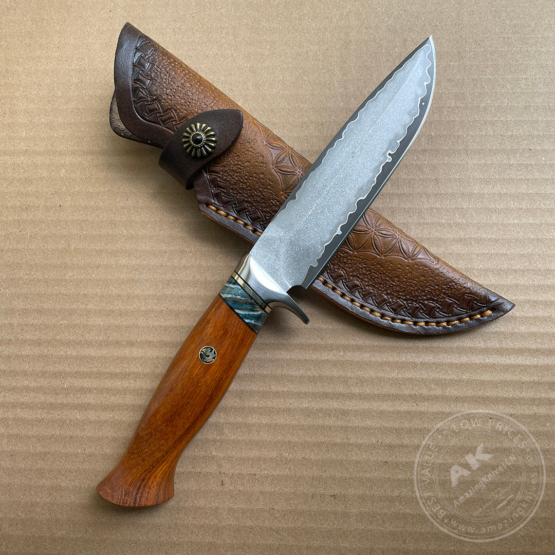 Rare Handforged Damascus Steel Ironwood Straight Hunting Outdoor Knife with Sheath- AK-HT0652