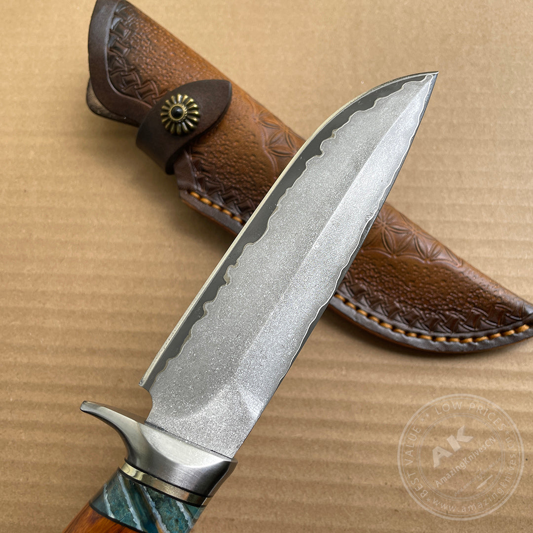 Rare Handforged Damascus Steel Ironwood Straight Hunting Outdoor Knife with Sheath- AK-HT0652