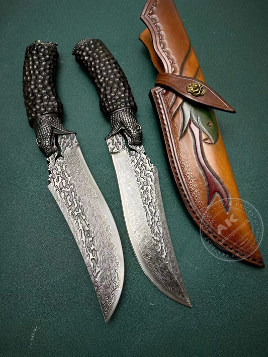 Vg10 Damascus Hunting Knife Fixed Blade Carved Snake -AK-HT0285-B