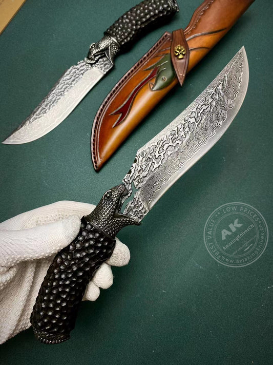 Vg10 Damascus Hunting Knife Fixed Blade Carved Snake -AK-HT0285-B