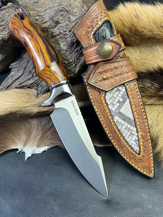Premium M390 Steel Blade Bowie Knife Fixed Blade Tactical Knife Desert Ironwood with Sheath - AK-HT0644