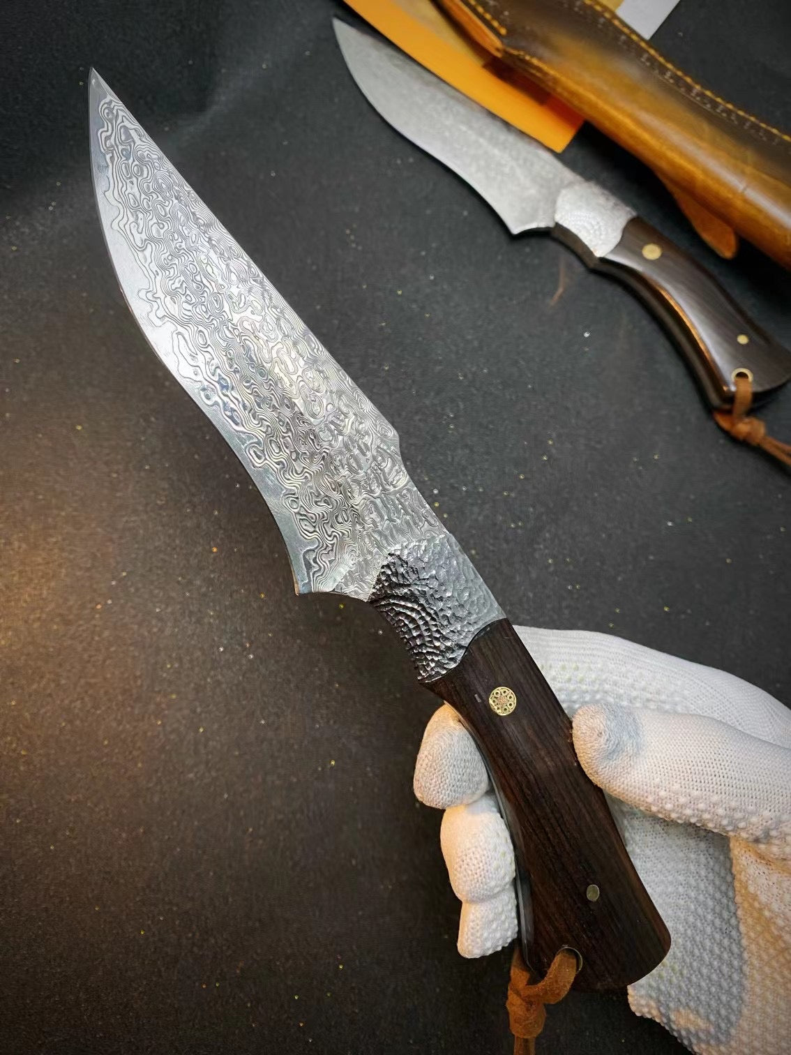 Damascus Steel Hunting Knife Survival Knife Bowie Fixed Blade Ebony with Sheath -AK-HT0727