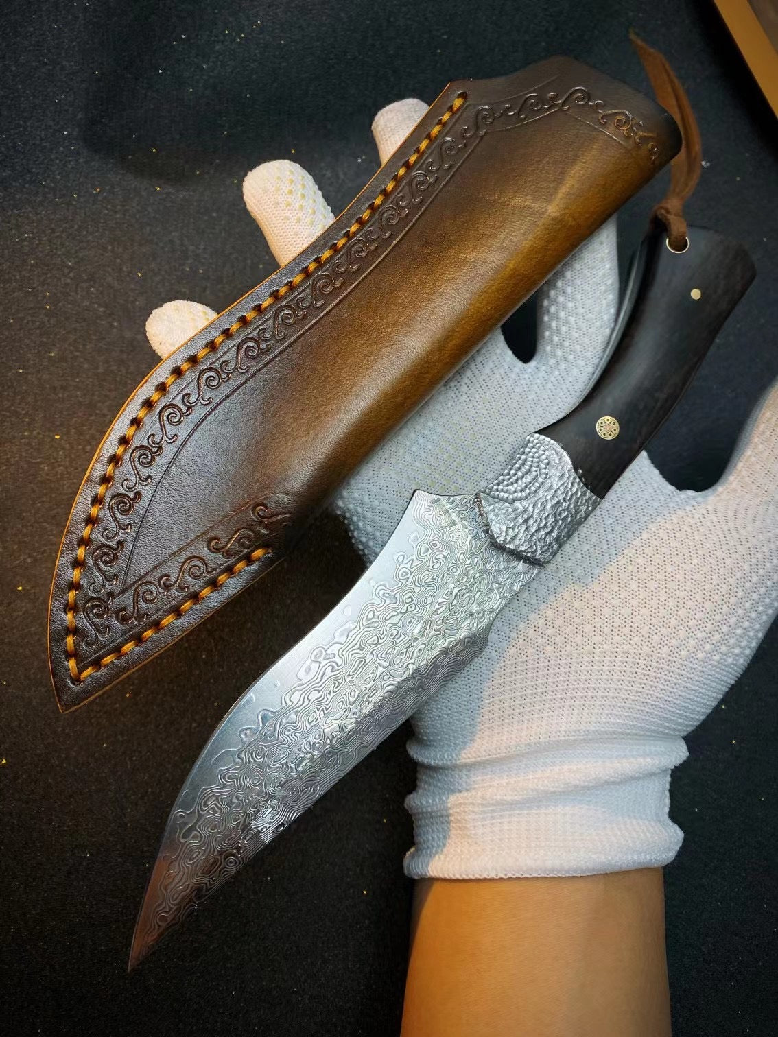 Damascus Steel Hunting Knife Survival Knife Bowie Fixed Blade Ebony with Sheath -AK-HT0727