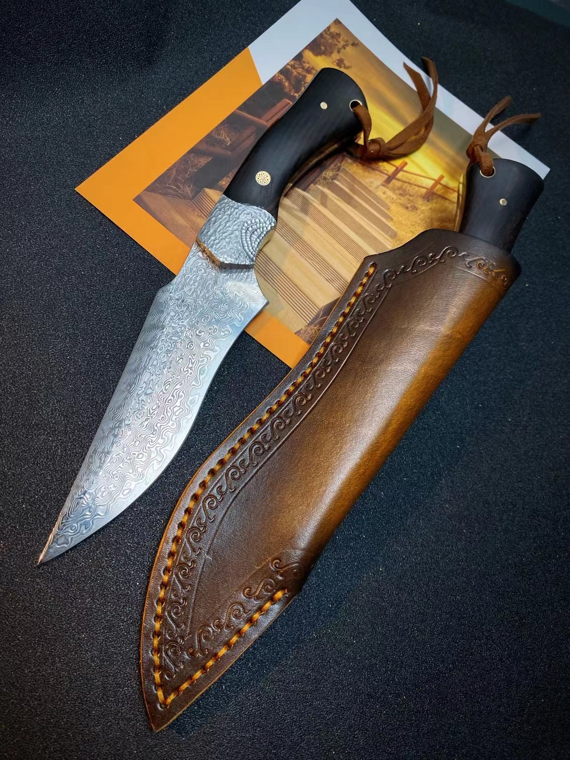 Damascus Steel Hunting Knife Survival Knife Bowie Fixed Blade Ebony with Sheath -AK-HT0727