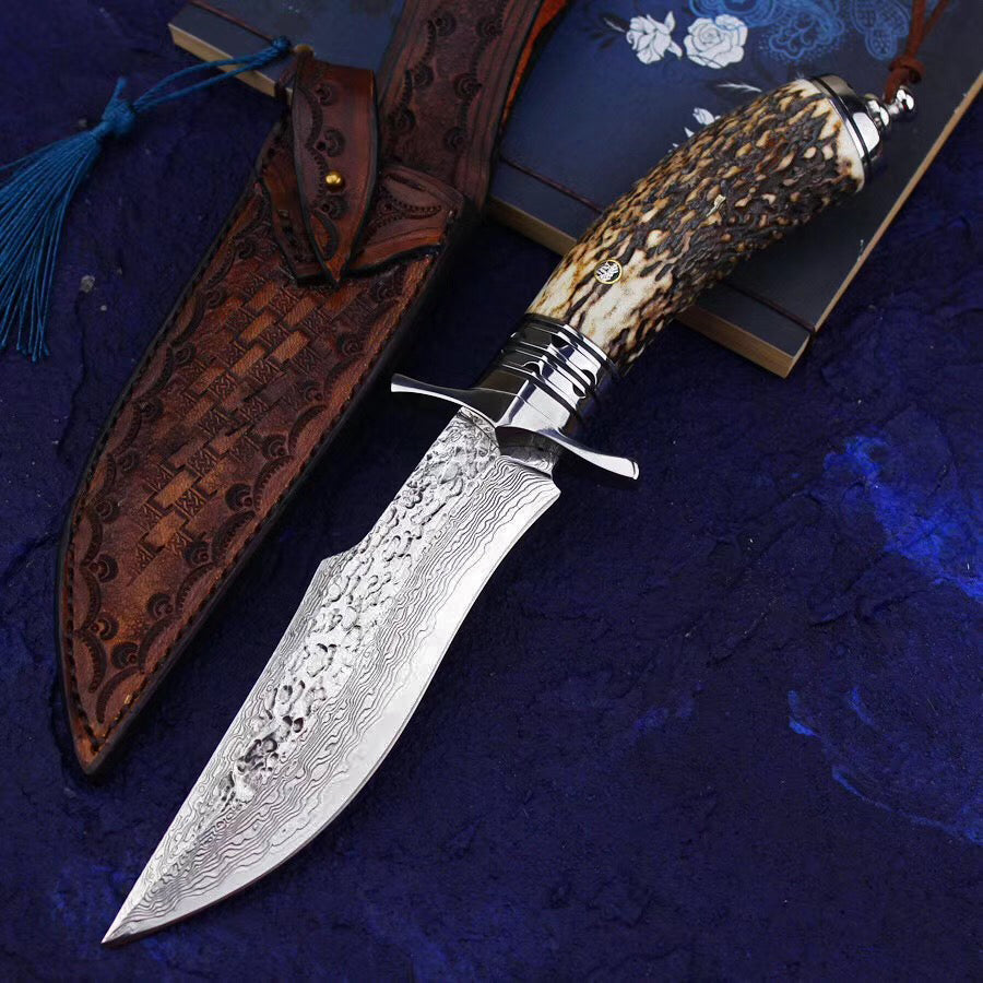 Damascus Survival Outdoor Camping Hunting Knife Fixed Blade Stag Antler Sheath - AK-HT0307