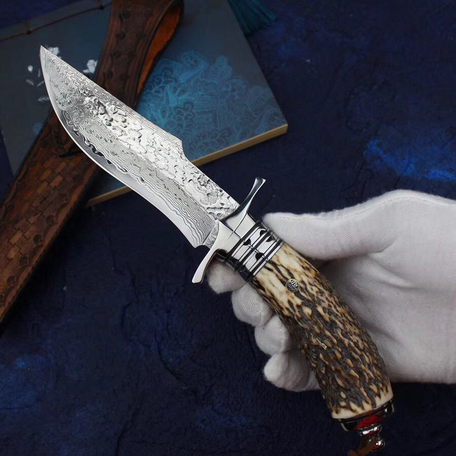 Damascus Survival Outdoor Camping Hunting Knife Fixed Blade Stag Antler Sheath - AK-HT0307