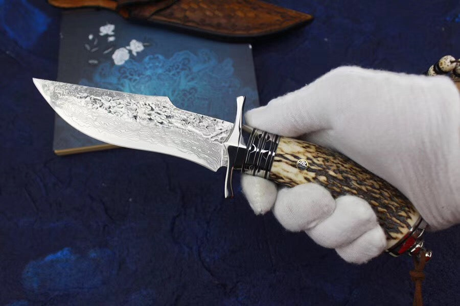 Damascus Survival Outdoor Camping Hunting Knife Fixed Blade Stag Antler Sheath - AK-HT0307