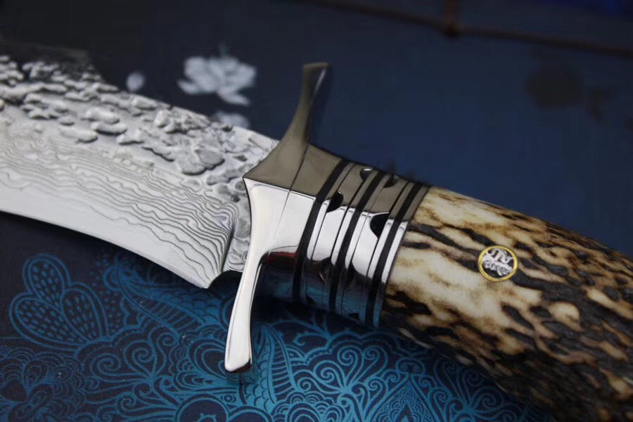 Damascus Survival Outdoor Camping Hunting Knife Fixed Blade Stag Antler Sheath - AK-HT0307