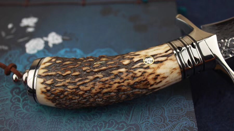 Damascus Survival Outdoor Camping Hunting Knife Fixed Blade Stag Antler Sheath - AK-HT0307