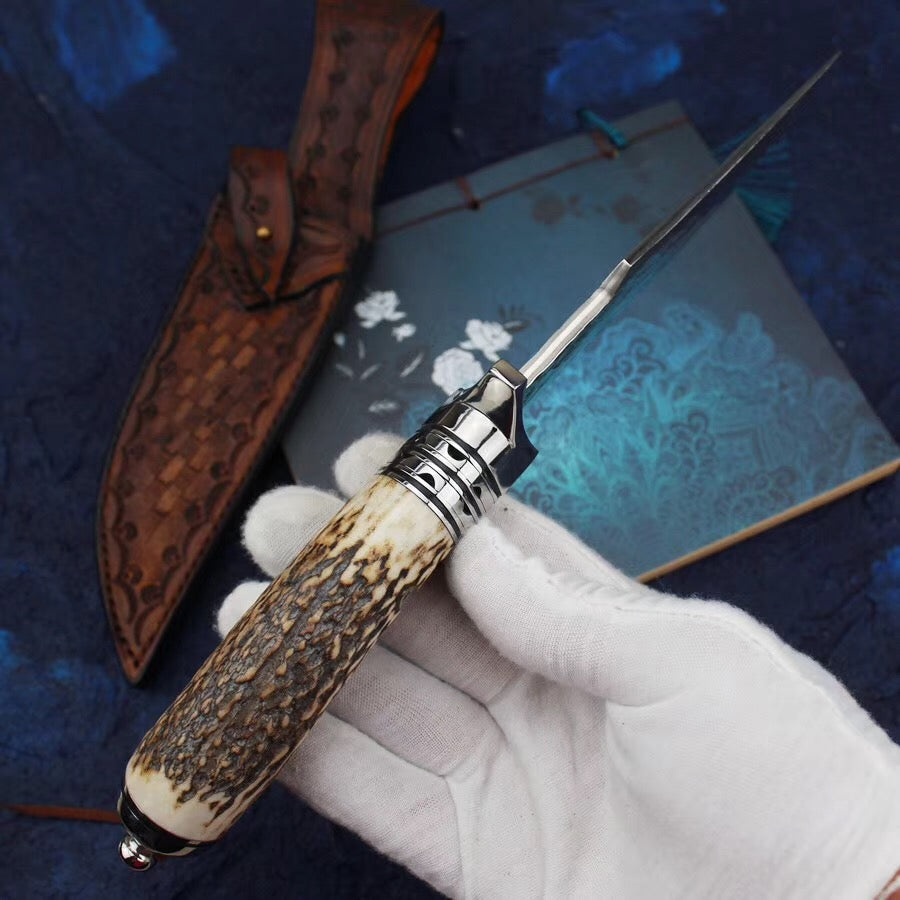 Damascus Survival Outdoor Camping Hunting Knife Fixed Blade Stag Antler Sheath - AK-HT0307