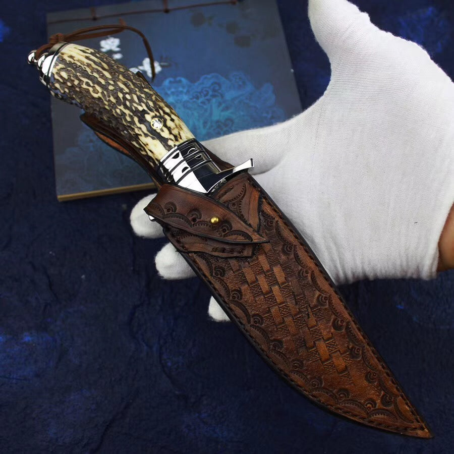 Damascus Survival Outdoor Camping Hunting Knife Fixed Blade Stag Antler Sheath - AK-HT0307