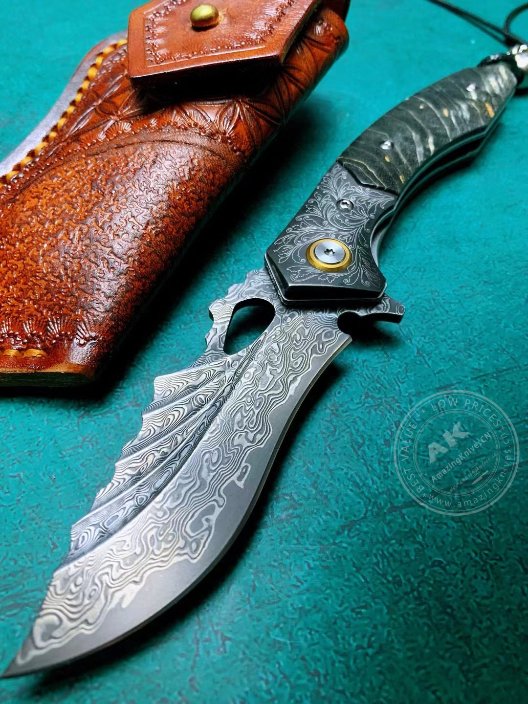 Vg10 Damascus Hunting Knife Folding Pocket Knife Wood w/ Sheath Ball Bearings- AK-HT0772
