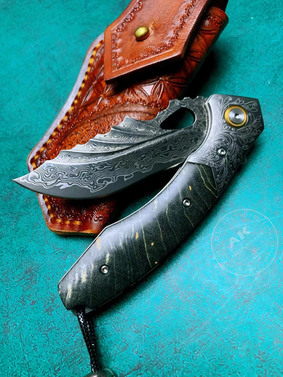Vg10 Damascus Hunting Knife Folding Pocket Knife Wood w/ Sheath Ball Bearings- AK-HT0772