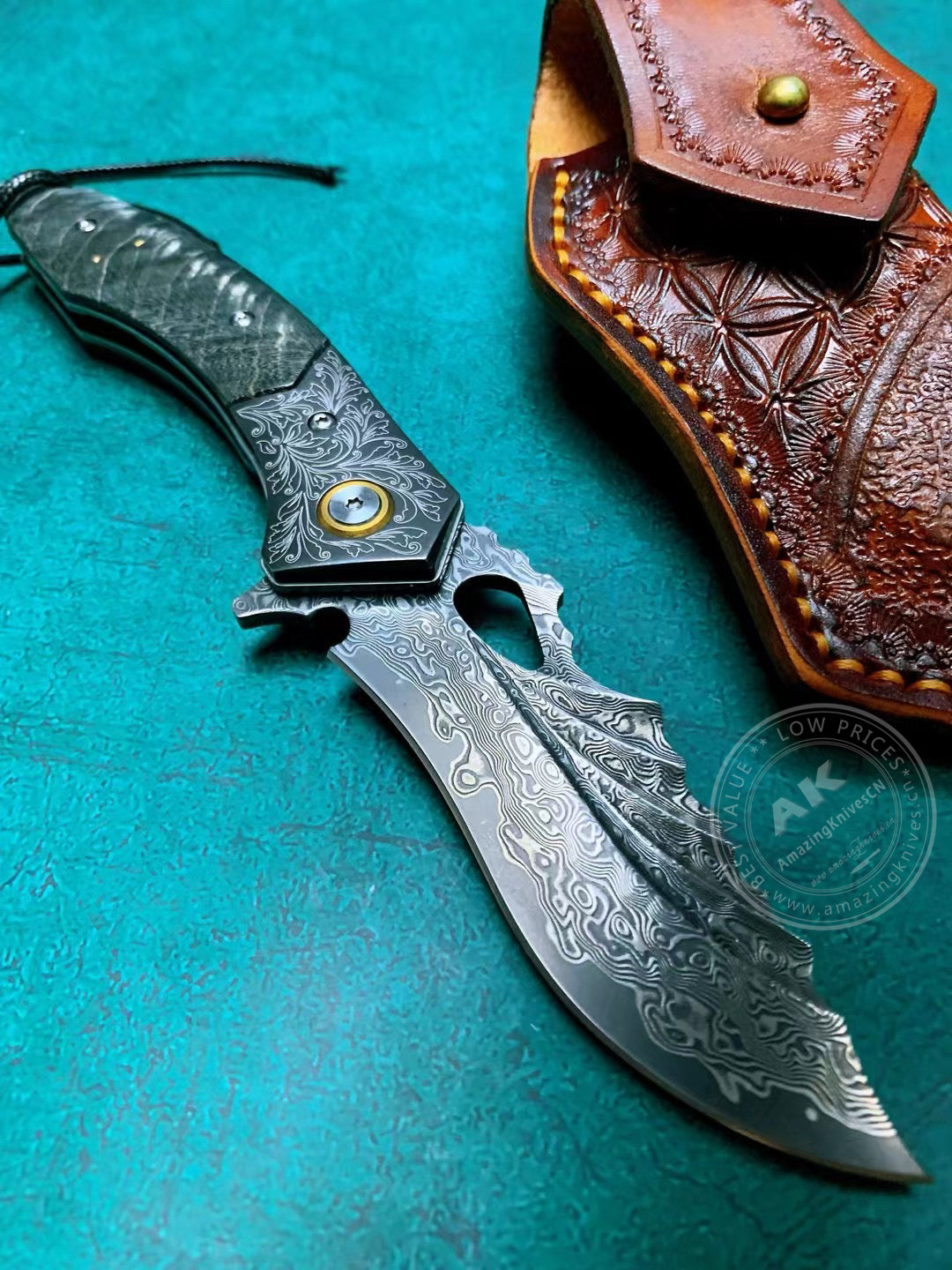 Vg10 Damascus Hunting Knife Folding Pocket Knife Wood w/ Sheath Ball Bearings- AK-HT0772