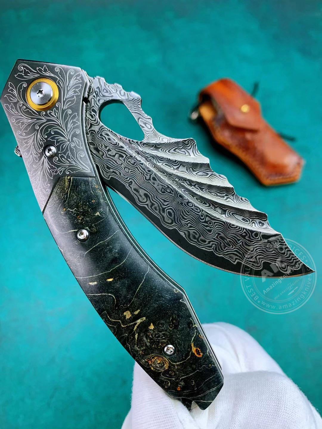 Vg10 Damascus Hunting Knife Folding Pocket Knife Wood w/ Sheath Ball Bearings- AK-HT0772