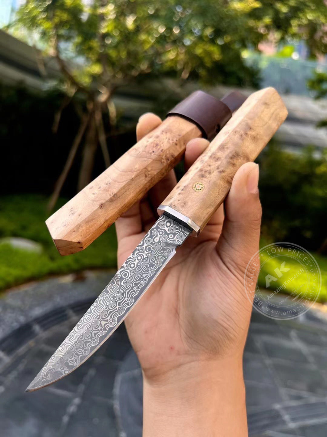 Japanese Bushido Katana Knife Damascus Steel Ninja Samurai Warrior Figured Wood-AK-HT0773