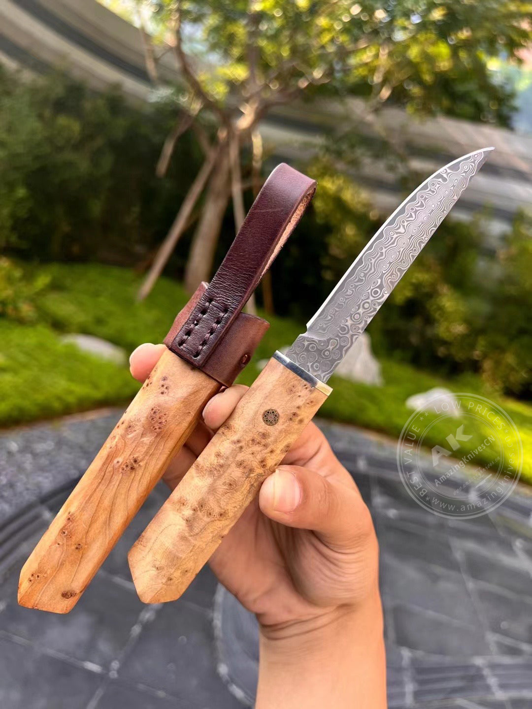 Japanese Bushido Katana Knife Damascus Steel Ninja Samurai Warrior Figured Wood-AK-HT0773