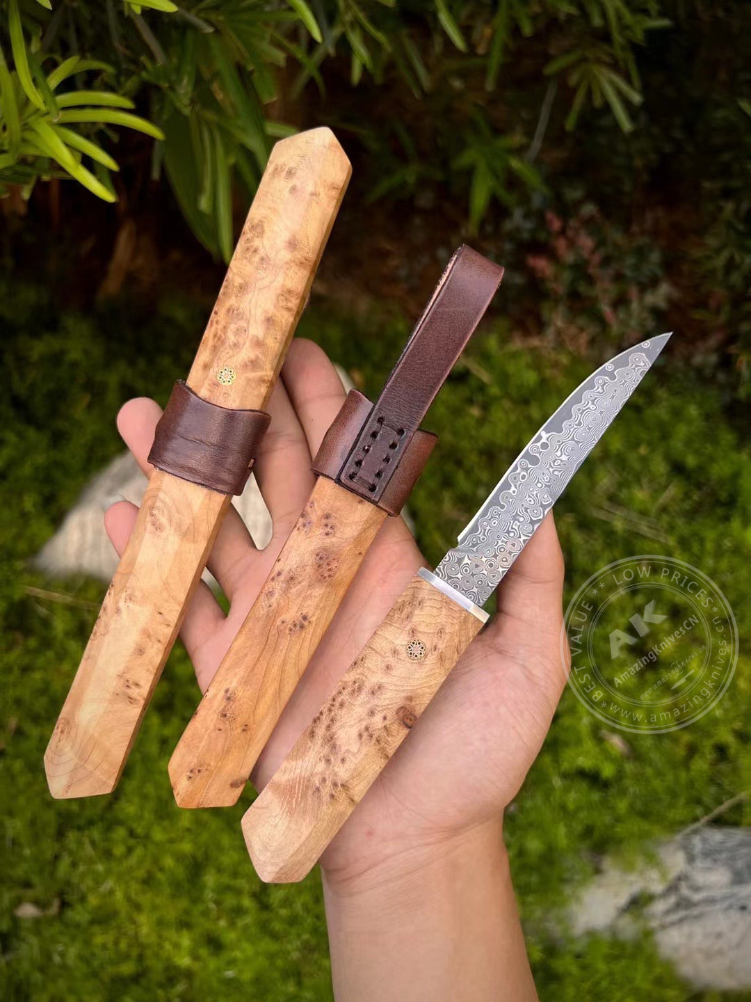 Japanese Bushido Katana Knife Damascus Steel Ninja Samurai Warrior Figured Wood-AK-HT0773