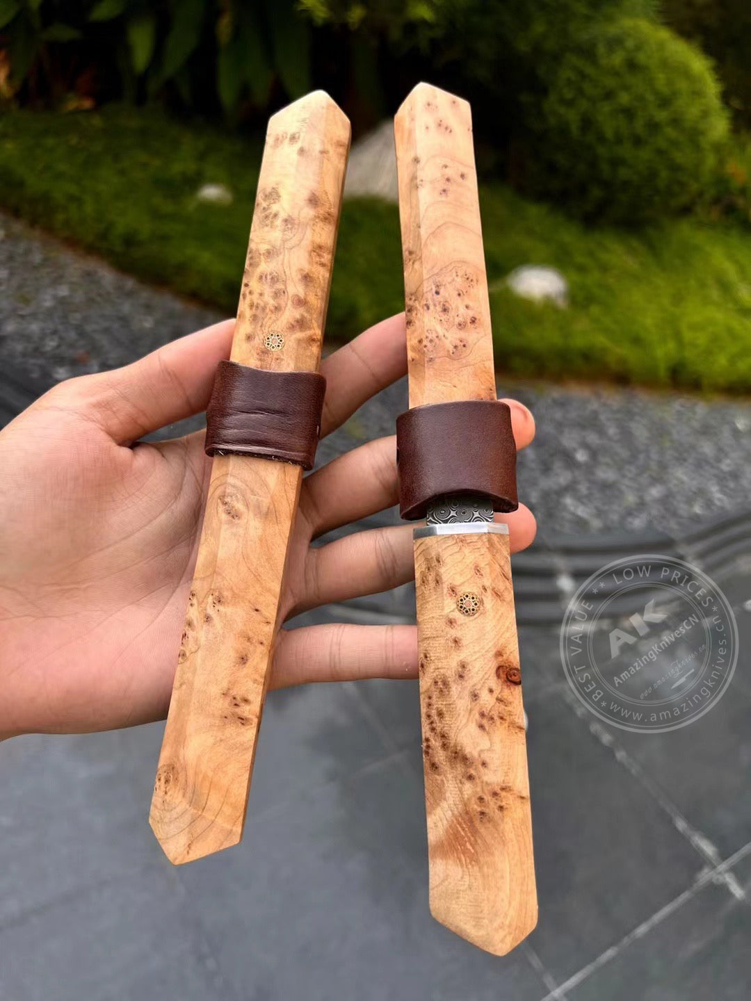 Japanese Bushido Katana Knife Damascus Steel Ninja Samurai Warrior Figured Wood-AK-HT0773