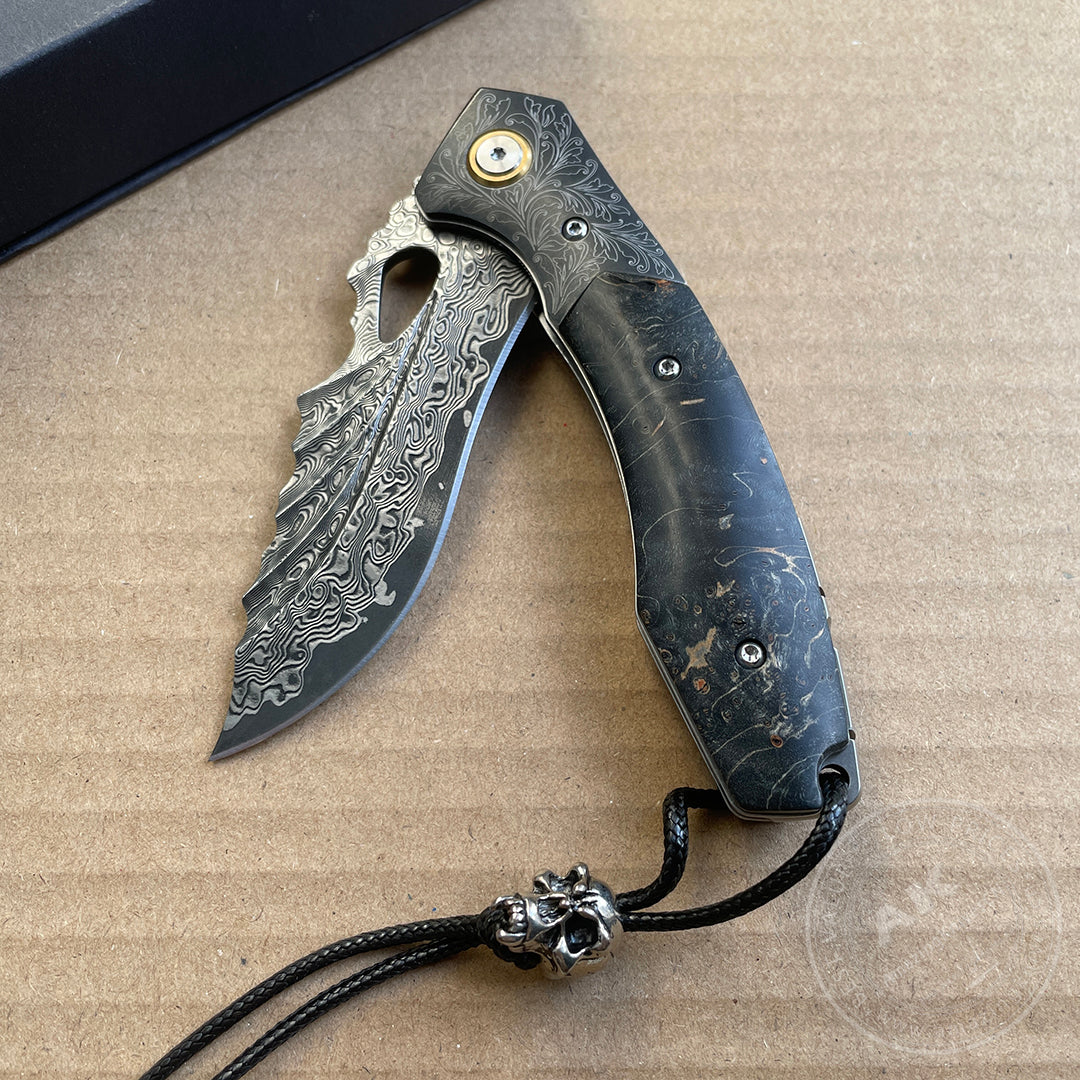 Vg10 Damascus Hunting Knife Folding Pocket Knife Wood w/ Sheath Ball Bearings- AK-HT0772