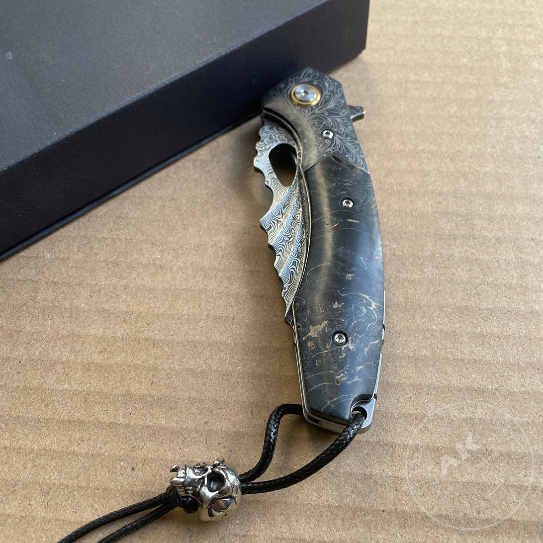 Vg10 Damascus Hunting Knife Folding Pocket Knife Wood w/ Sheath Ball Bearings- AK-HT0772