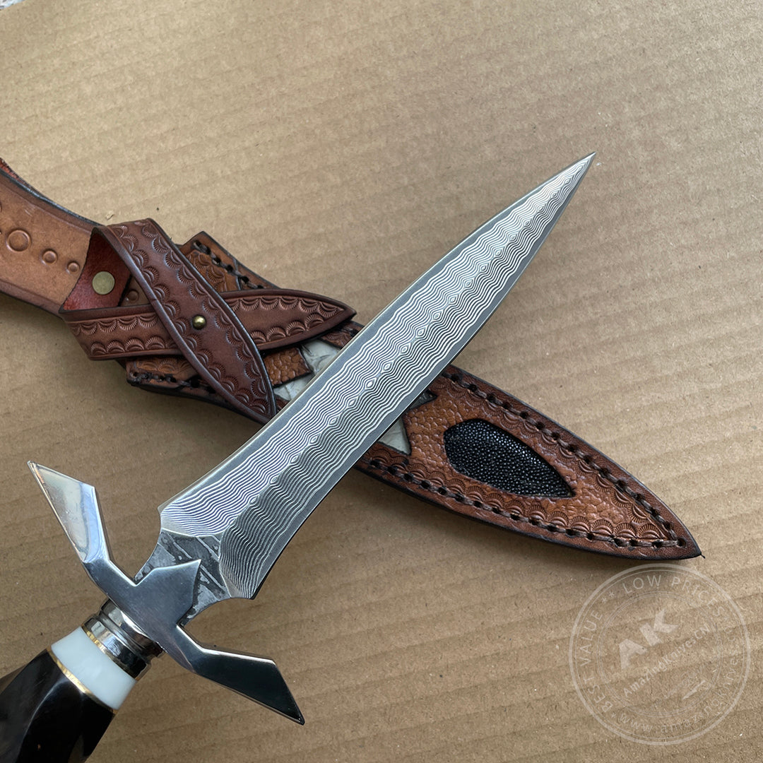 Damascus Dirk Outdoor Survival Hunting Knife Army Sword Fixed Blade Dagger - AK-HT0759