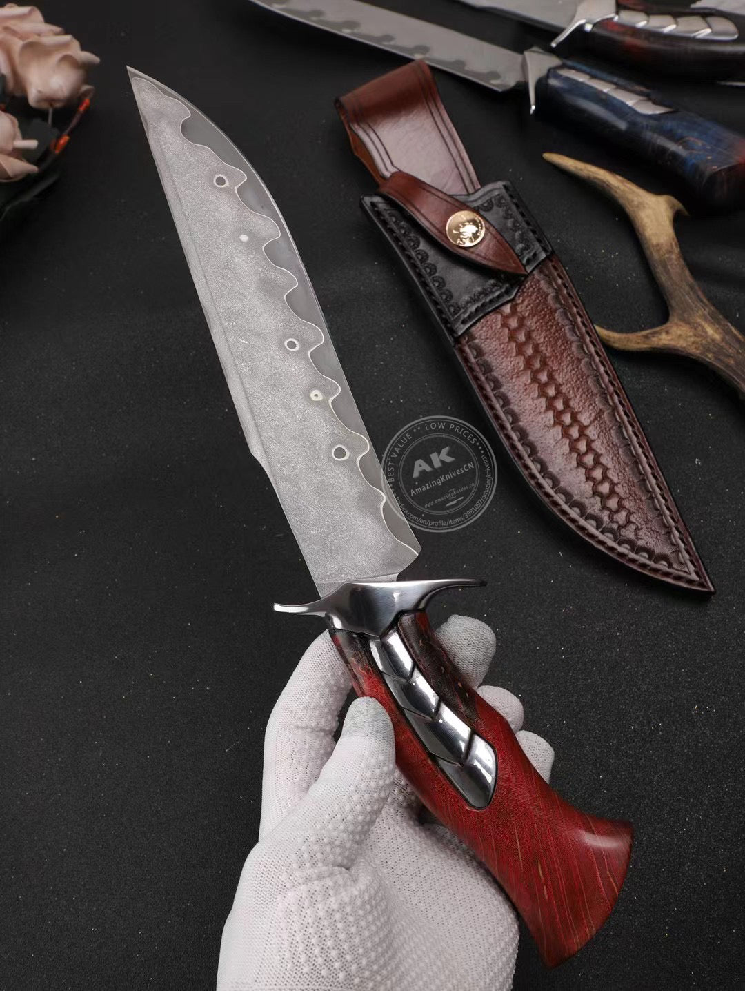 Hand Forged Damascus Steel Hunting Knife Bowie Survival Fixed Blade Full Tang- AK-HT0779