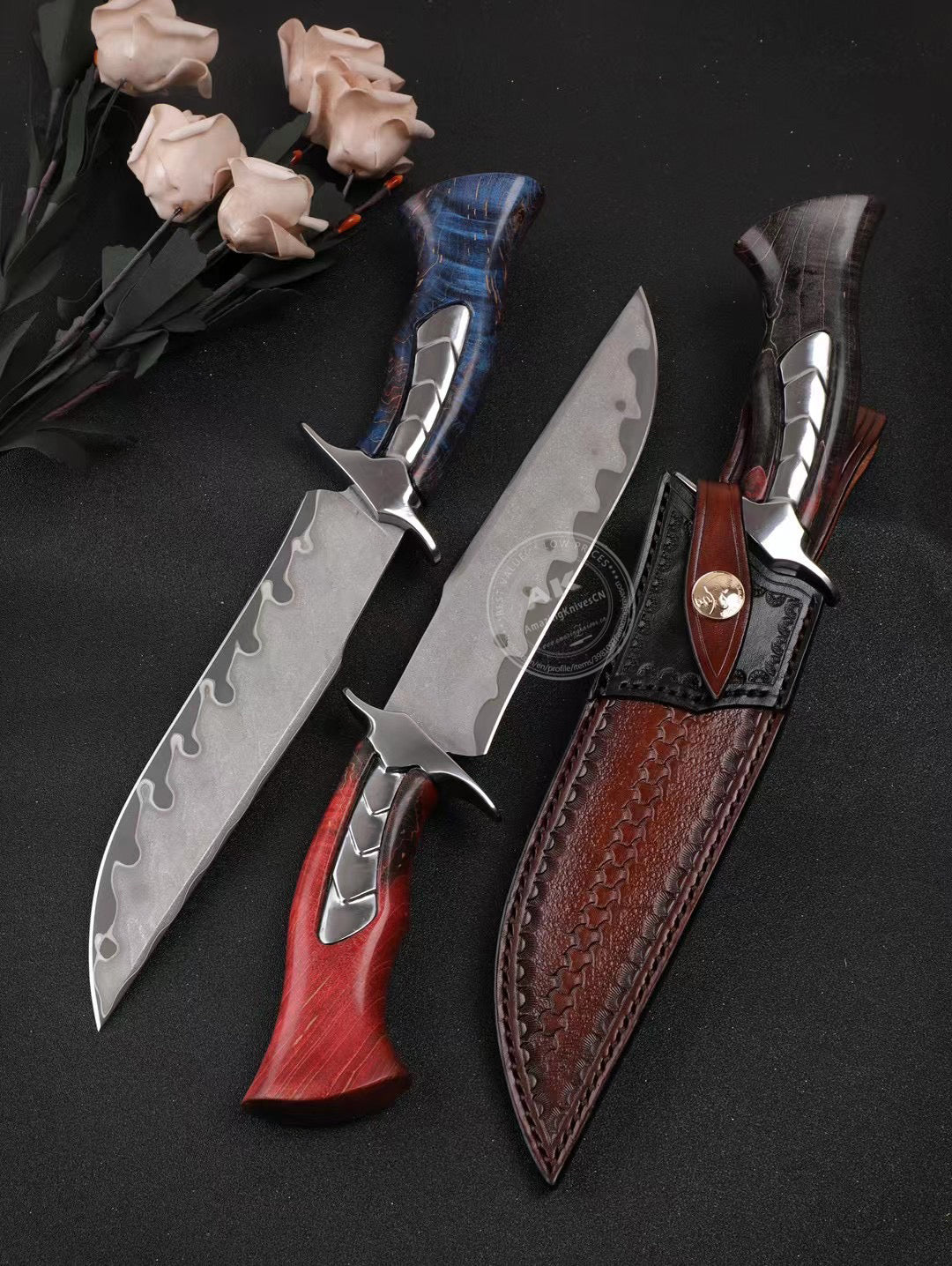 Hand Forged Damascus Steel Hunting Knife Bowie Survival Fixed Blade Full Tang- AK-HT0779