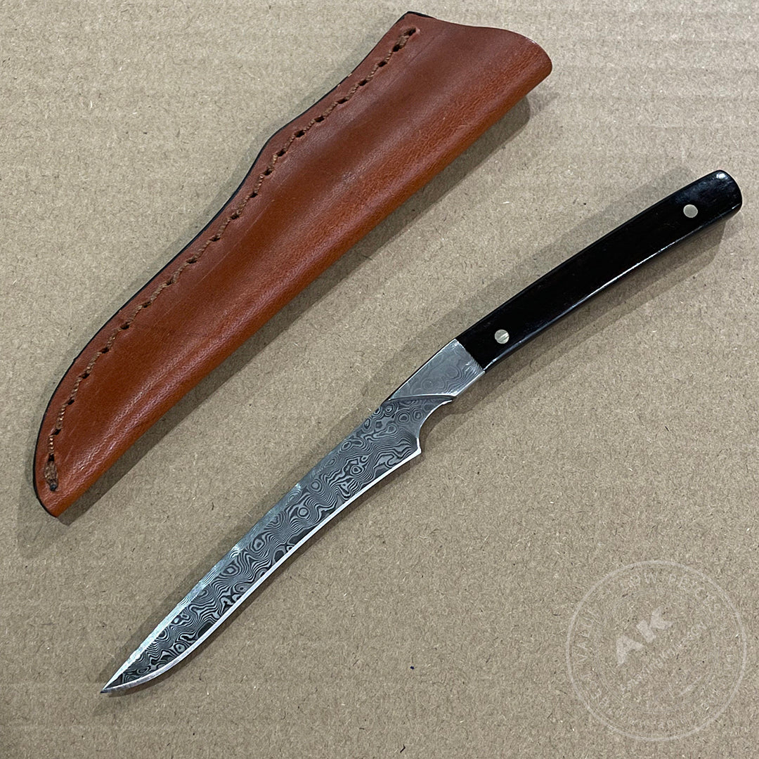 Damascus Camping Hunting Knife Outdoor Utility Fixed Blade w/Sheath Ebony Wood - AK-HT0390