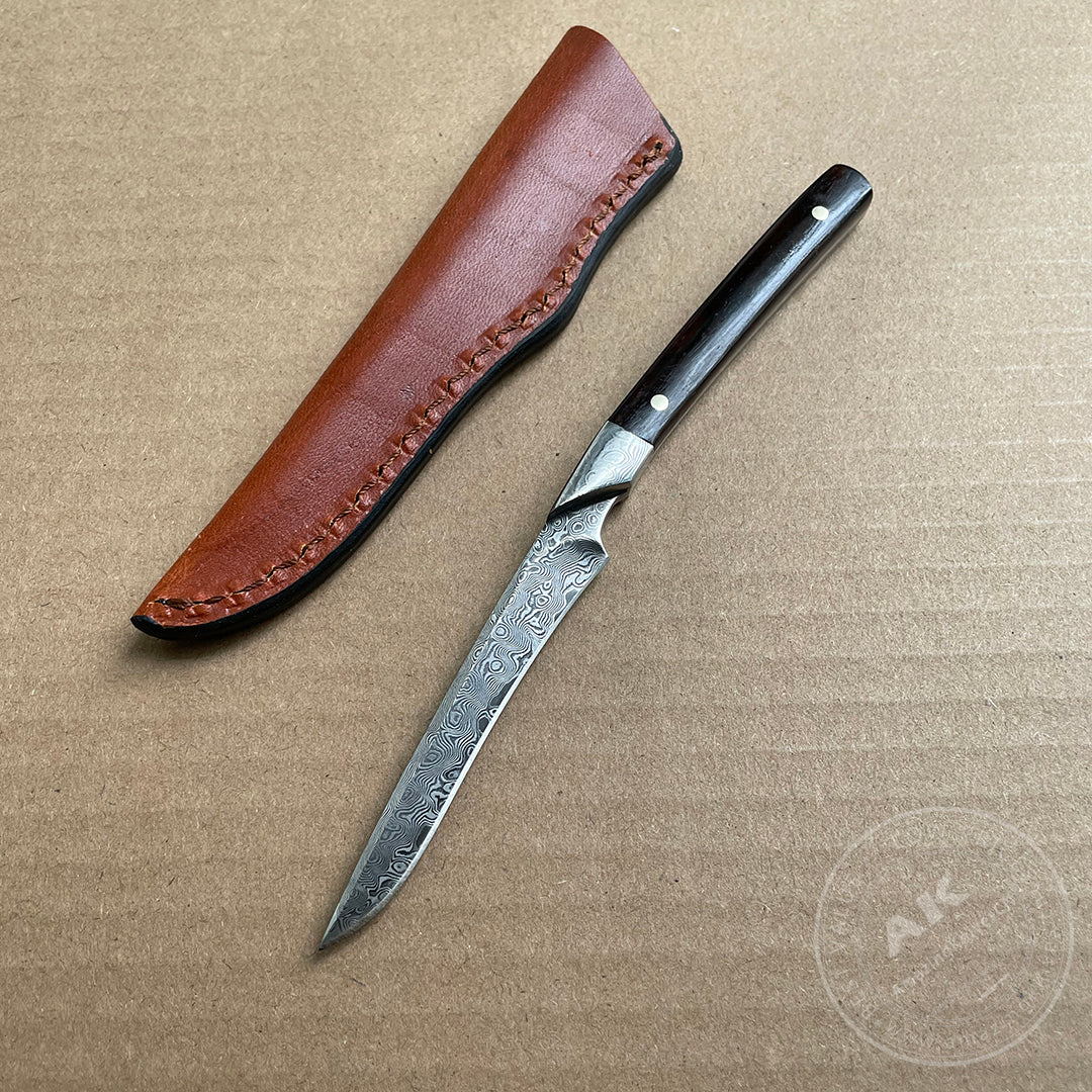 Damascus Camping Hunting Knife Outdoor Utility Fixed Blade w/Sheath Ebony Wood - AK-HT0390