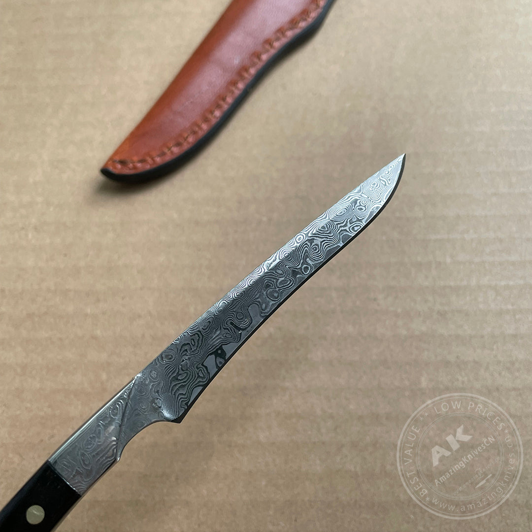 Damascus Camping Hunting Knife Outdoor Utility Fixed Blade w/Sheath Ebony Wood - AK-HT0390