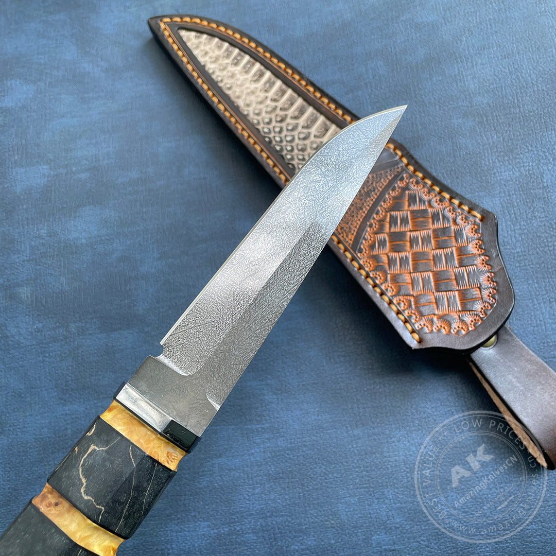 Wootz Steel Hunting Knife with Leather Sheath - AK-HT0775