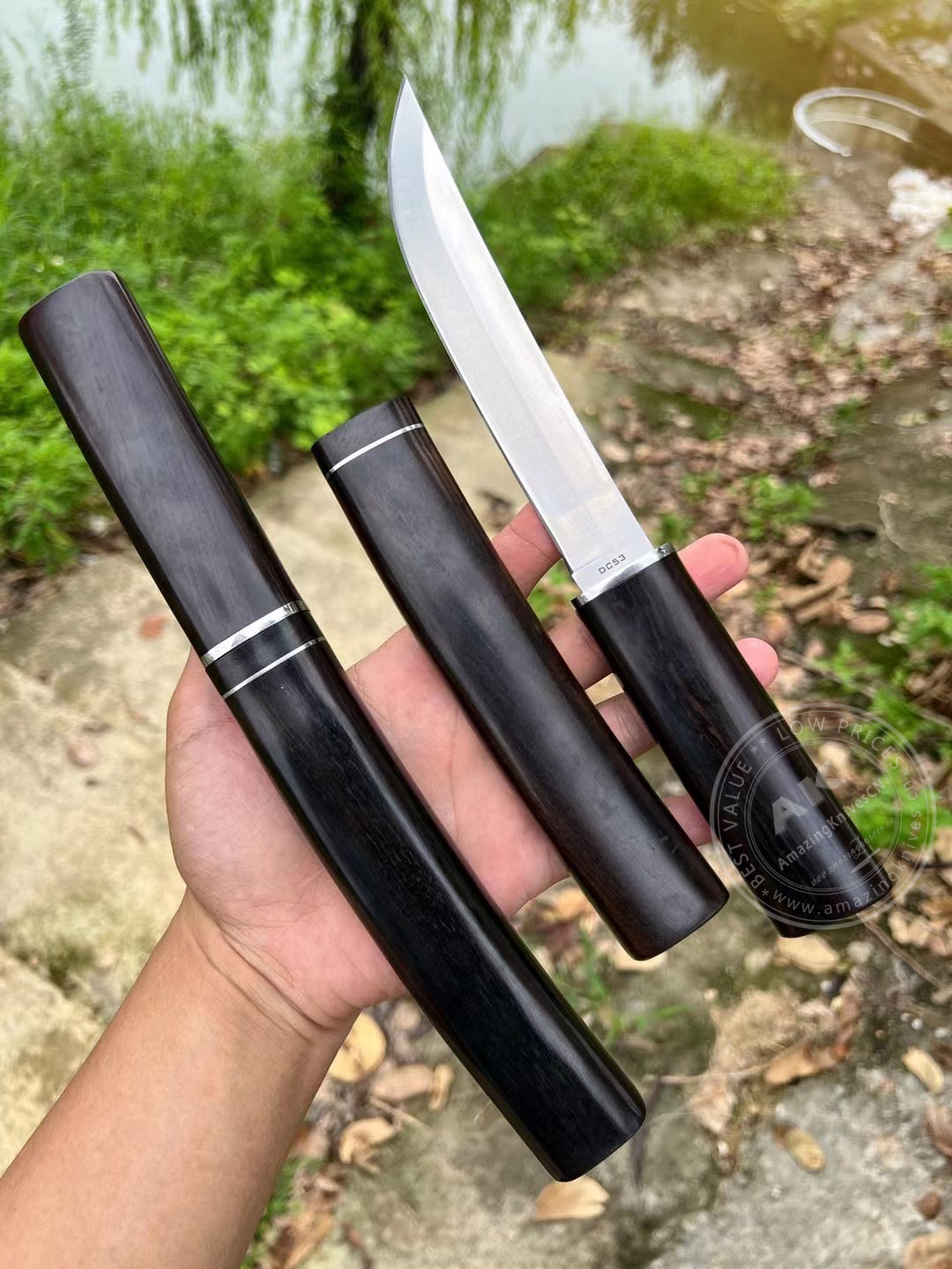 Japanese Style Bushido Katana Knife DC53 Steel Ninja Samurai Warrior Ebony Wood - AK-HT0783