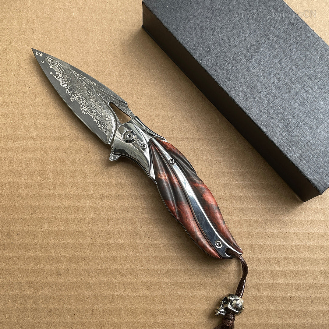 VG10 Damascus Folding Knife Pocket Outdoor EDC Flipper Wood Handle with Sheath - AK-HT0682-B