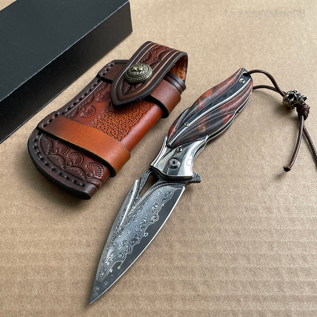 VG10 Damascus Folding Knife Pocket Outdoor EDC Flipper Wood Handle with Sheath - AK-HT0682-B