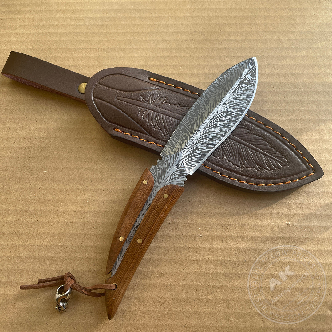 Stainless Steel Feather Pattern Knife  Survival Camping Fixed Blade Ironwood - AK-HT0715-L