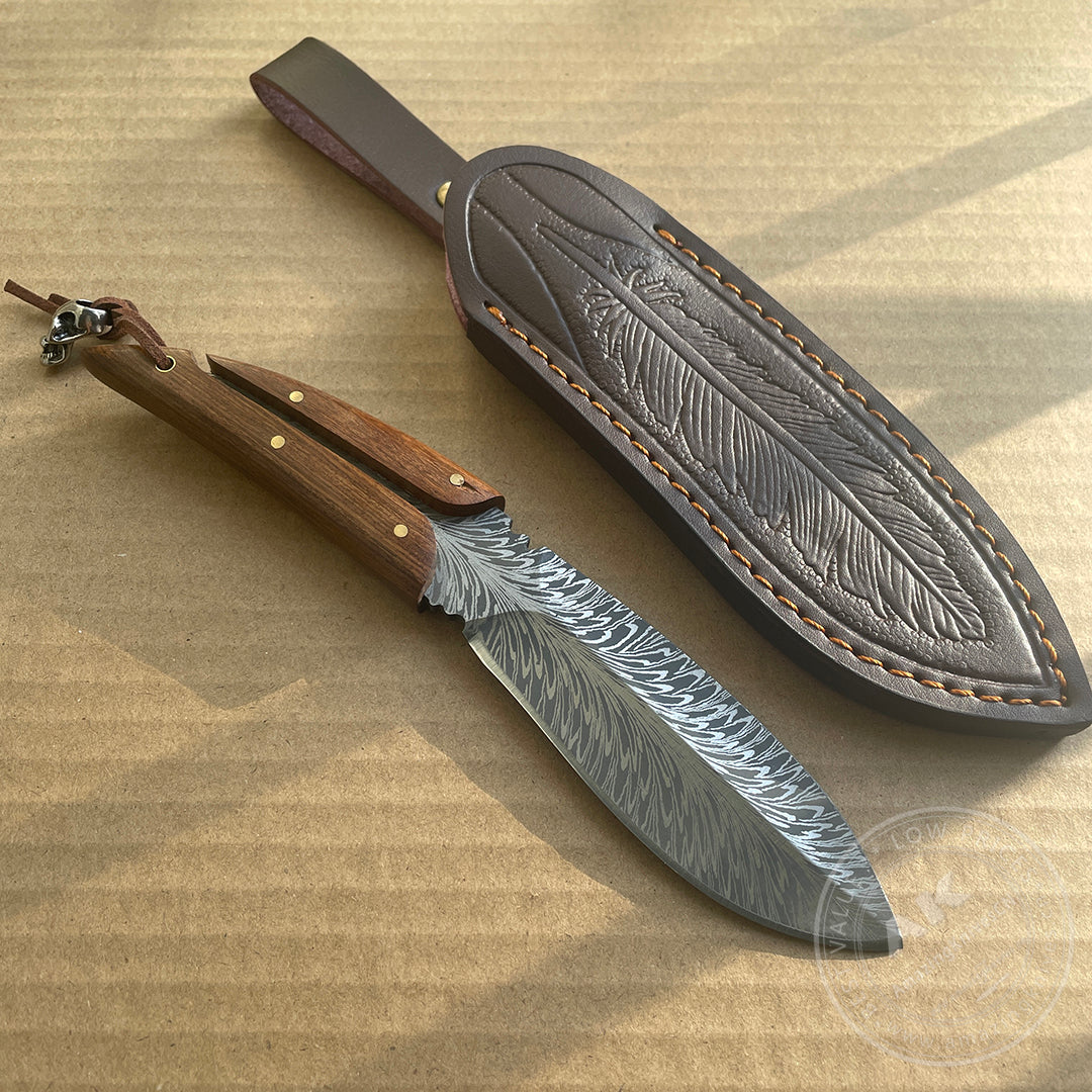 Stainless Steel Feather Pattern Knife  Survival Camping Fixed Blade Ironwood - AK-HT0715-L