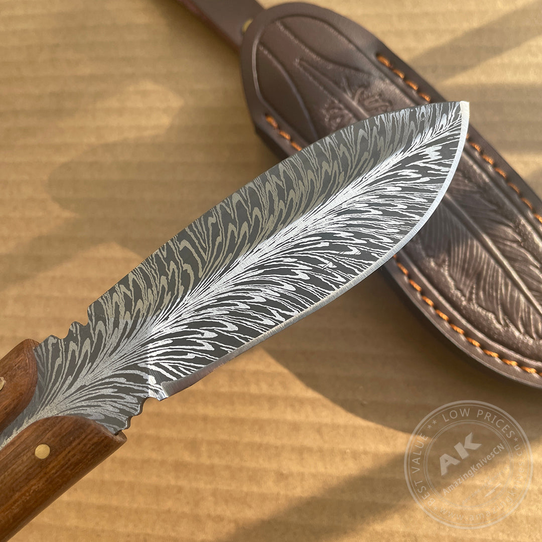 Stainless Steel Feather Pattern Knife  Survival Camping Fixed Blade Ironwood - AK-HT0715-L
