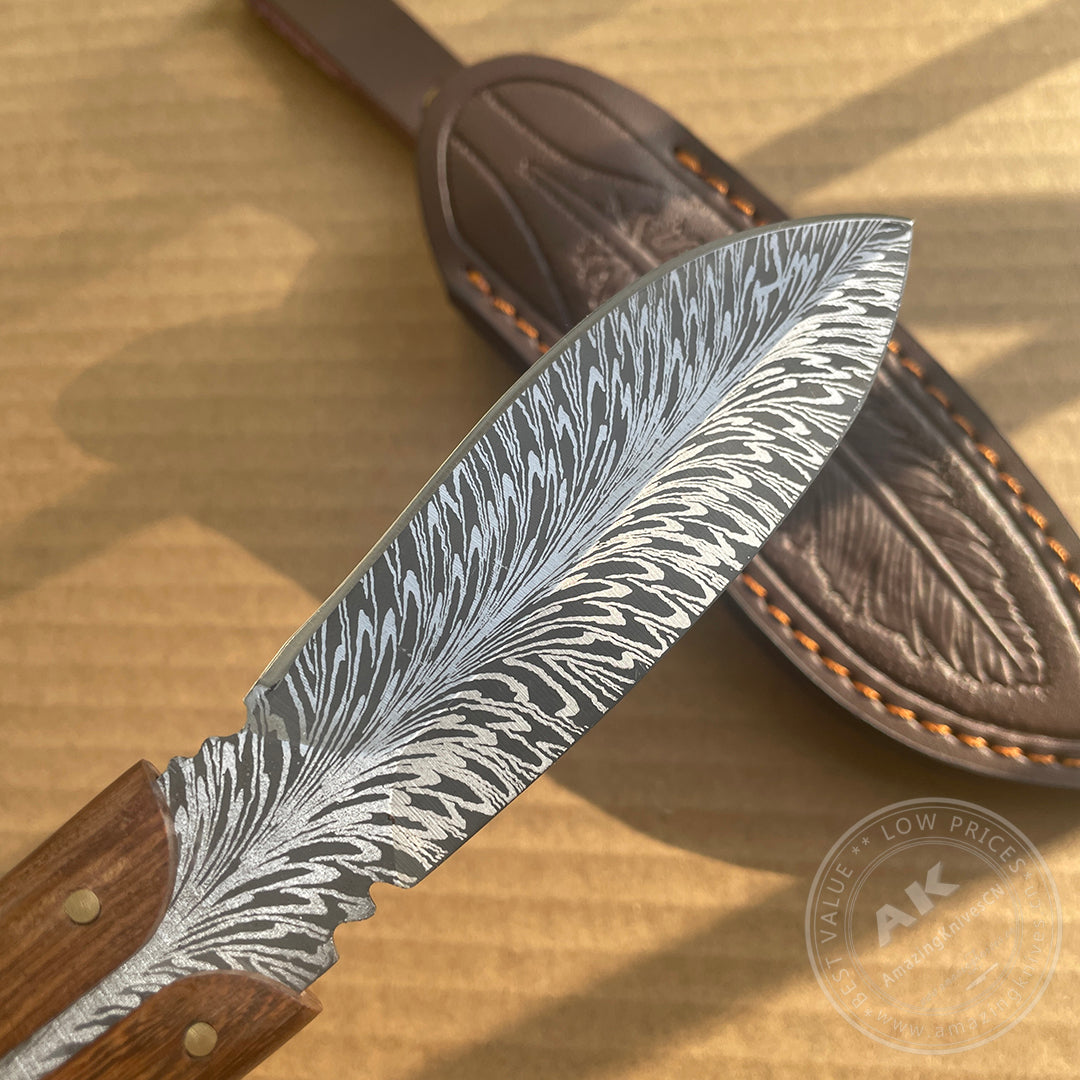 Stainless Steel Feather Pattern Knife  Survival Camping Fixed Blade Ironwood - AK-HT0715-L