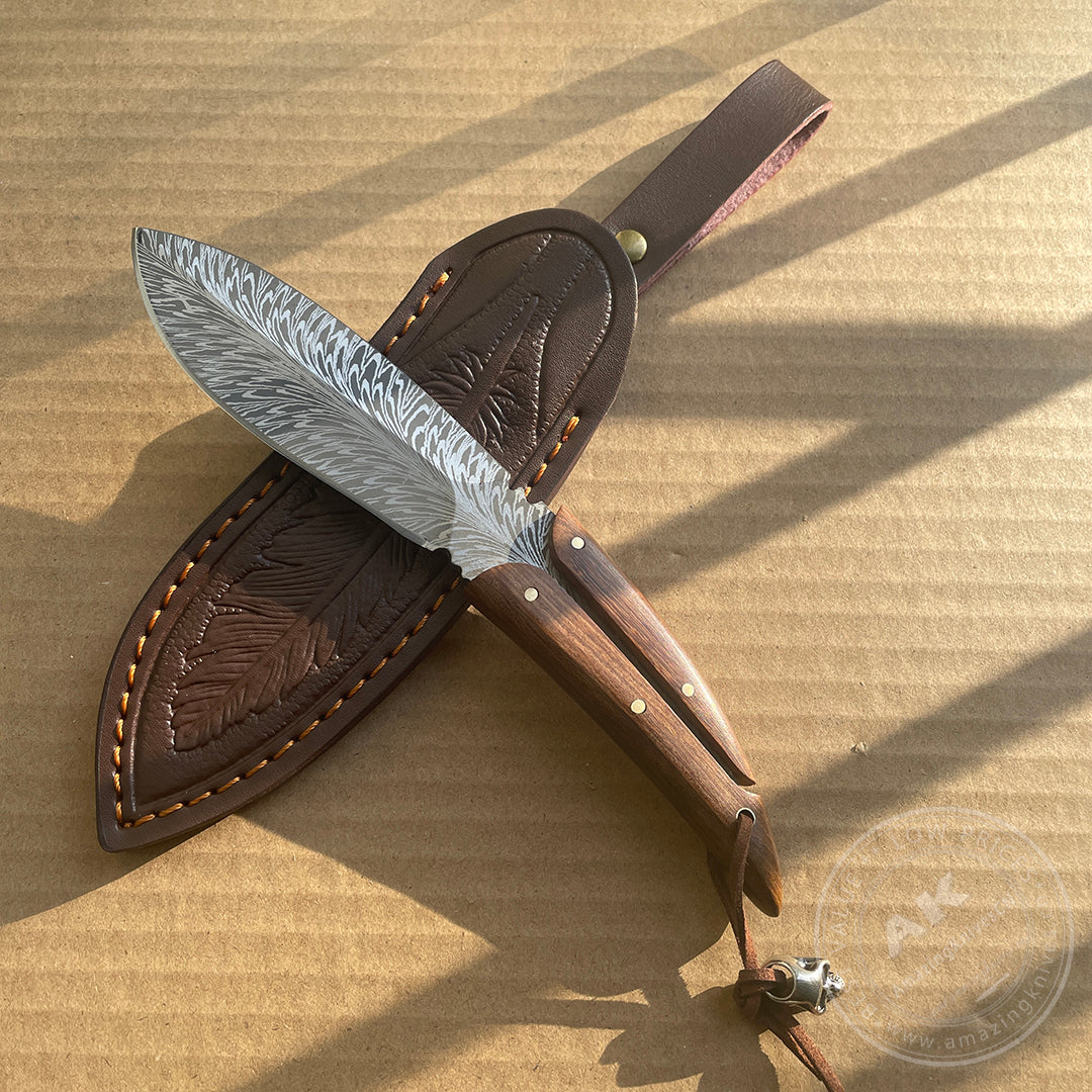 Stainless Steel Feather Pattern Knife  Survival Camping Fixed Blade Ironwood - AK-HT0715-L