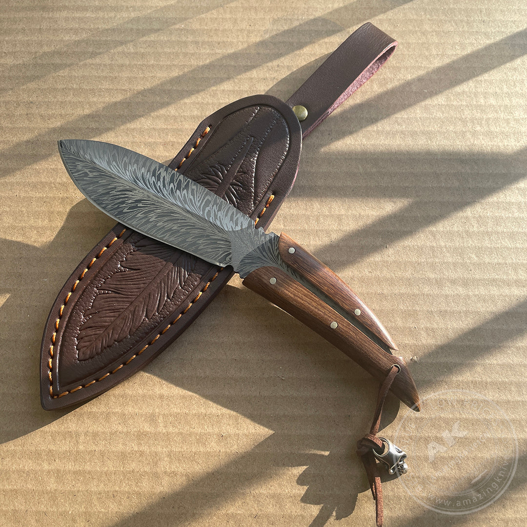 Stainless Steel Feather Pattern Knife  Survival Camping Fixed Blade Ironwood - AK-HT0715-L