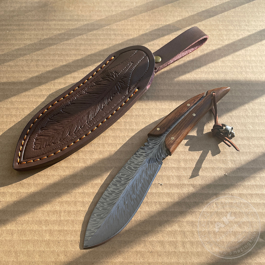 Stainless Steel Feather Pattern Knife  Survival Camping Fixed Blade Ironwood - AK-HT0715-L