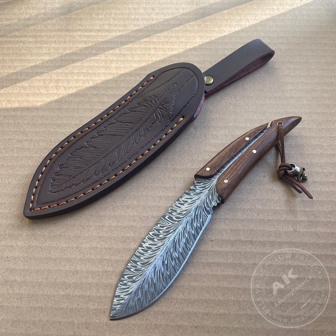 Stainless Steel Feather Pattern Knife  Survival Camping Fixed Blade Ironwood - AK-HT0715-L
