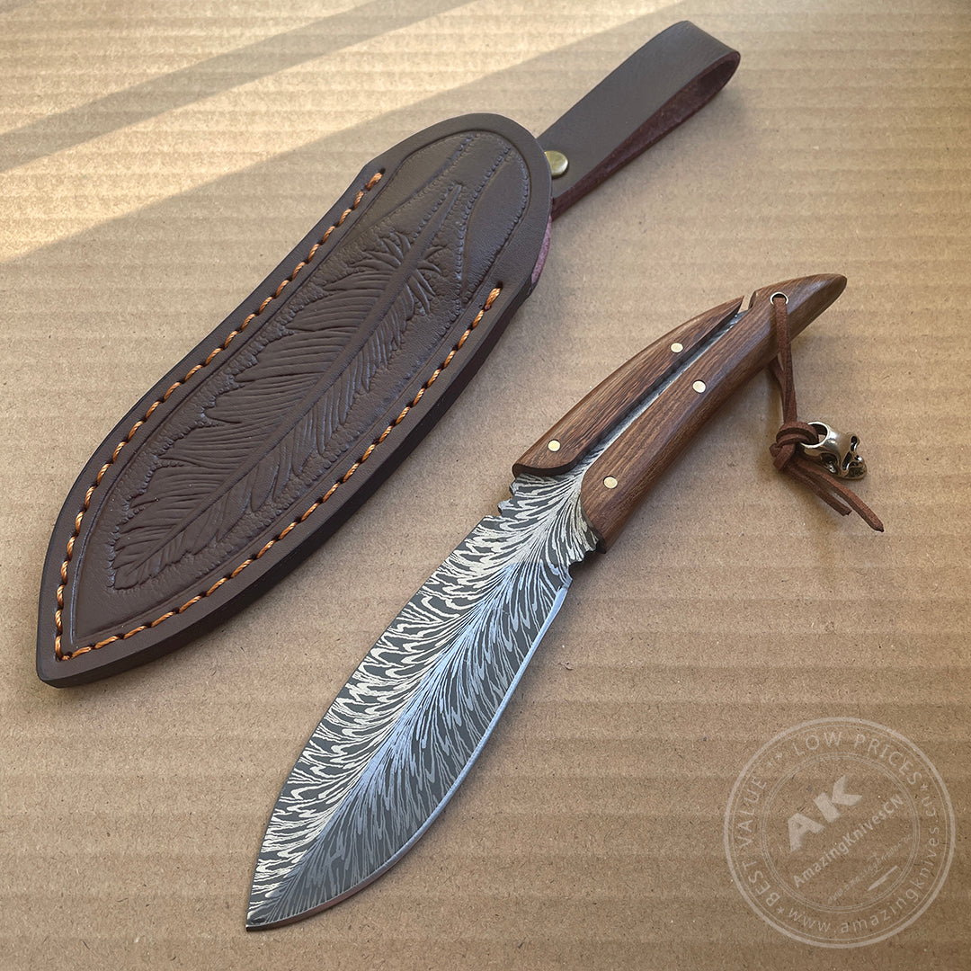 Stainless Steel Feather Pattern Knife  Survival Camping Fixed Blade Ironwood - AK-HT0715-L