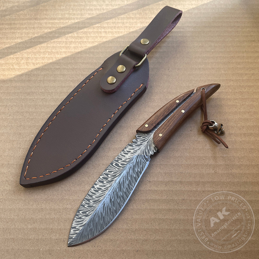 Stainless Steel Feather Pattern Knife  Survival Camping Fixed Blade Ironwood - AK-HT0715-L