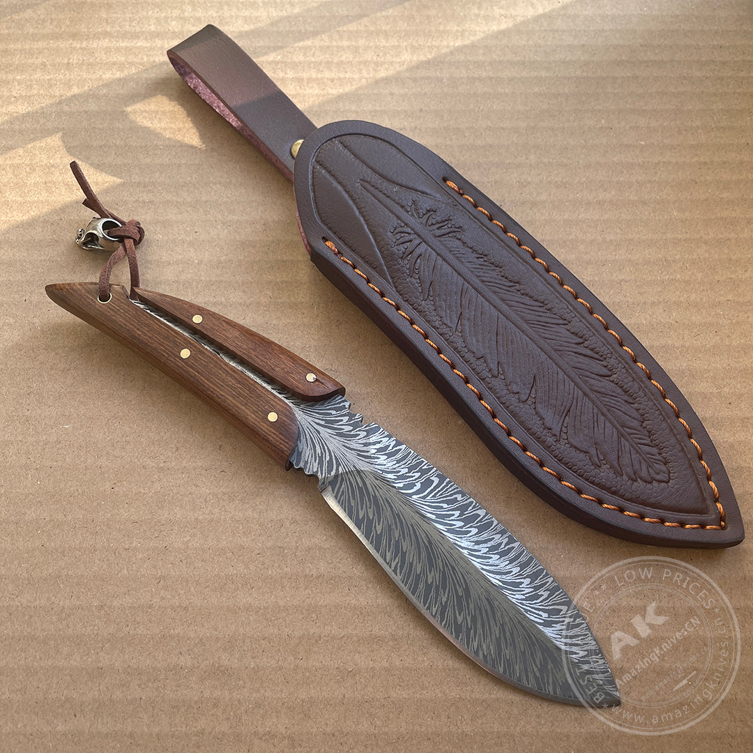 Stainless Steel Feather Pattern Knife  Survival Camping Fixed Blade Ironwood - AK-HT0715-L